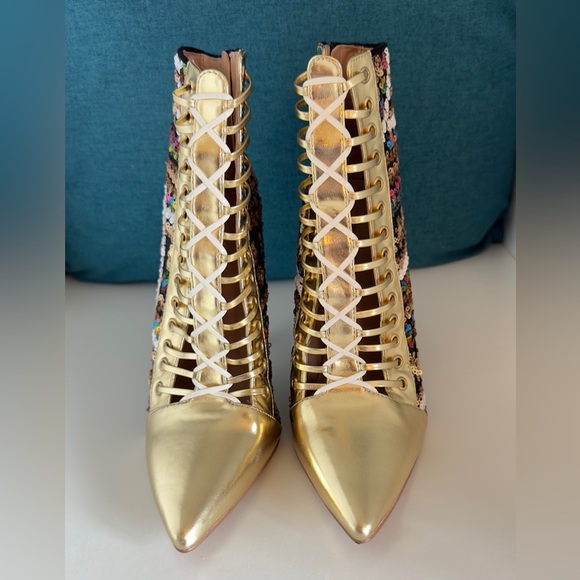 Full On Glam Gold Multicolored Sequined Stiletto Booties - Faux Lace Up - Sz 7 - Picture 9 of 16